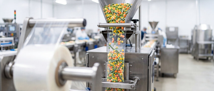 Automated food packaging machine filling clear bags with mixed vegetables on production line