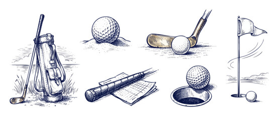 Golf equipment vintage illustration set featuring retro hand drawn sketch of club, bag, ball, flag, scorecard and golf hole icons on white background, classic sports graphics for tournament designs. © Dinali