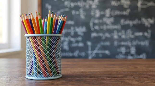Back to school colorful pencils in a mesh cup on a wooden desk in front of a chalkboard with math equations