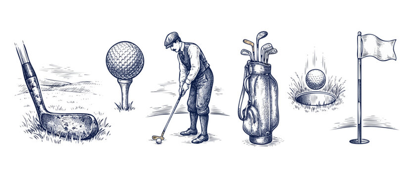 Vintage golf engraving illustration set featuring retro golfer putting, golf club, ball on tee, leather bag, and flagstick hole, vector line art sketches isolated on white background for design.