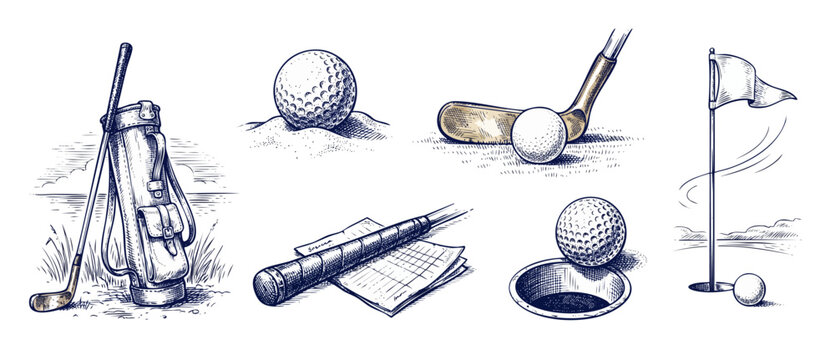 Golf equipment vintage illustration set featuring retro hand drawn sketch of club, bag, ball, flag, scorecard and golf hole icons on white background, classic sports graphics for tournament designs.