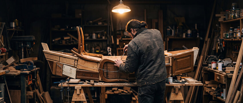 Carpenter building a wooden boat hull out of whatever scrap materials he can find in his workshop. Concept of creative madness, hopelessness and utopia