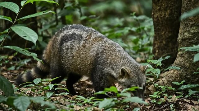 Wild civet cat activity in the forest, civet cat in the forest