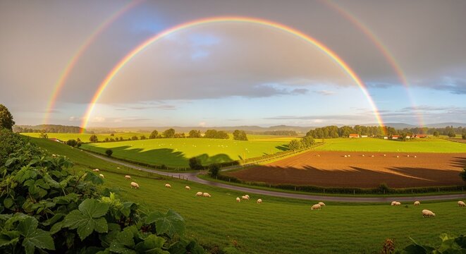 Vibrant double rainbow arches over rolling green fields and grazing sheep after a storm.