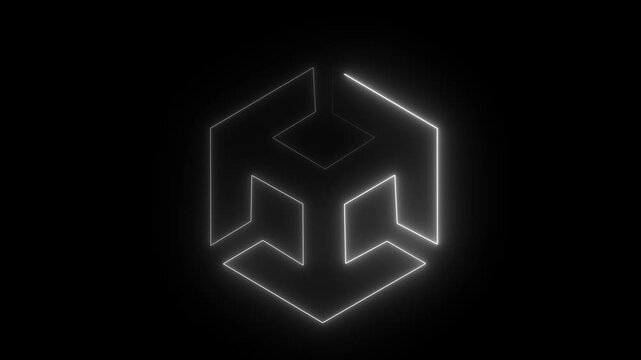Unity icon animation by dark color on black background. 3D modeling, isometric cube with axes. concept of cube neon Motion Graphic.