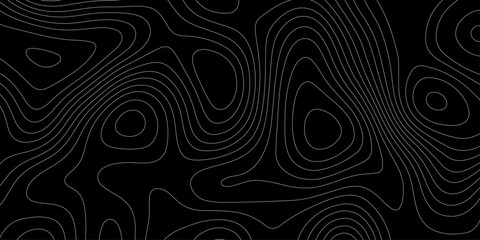 Topographic map contour lines background abstracts geographic cartography line art illustration, seamless pattern on black terrain elevation map design for wallpaper tech backdrop banner. © Abu Bokkor Siddique