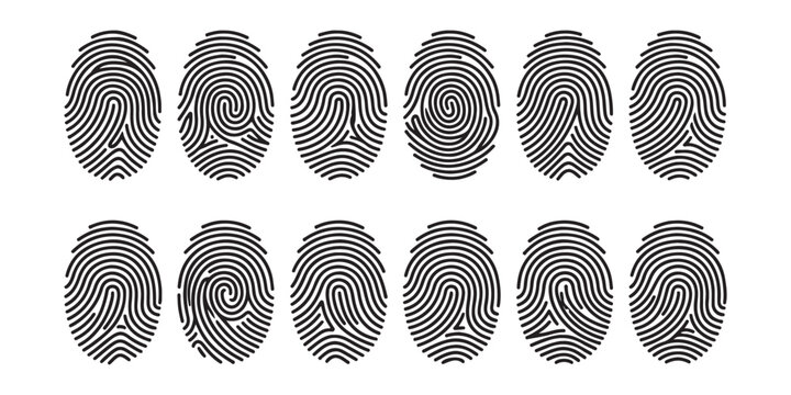 Set of black fingerprint icons representing unique human identity and security biometrics