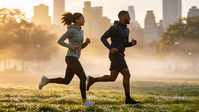 Active young man and woman exercising and sprinting in a park at dawn with golden sunlight and cityscape, Generative AI