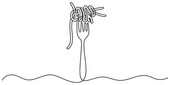 Continuous single line drawing of a fork with spaghetti pasta noodles isolated on a white background for food menu and restaurant concept design Vector, illustration