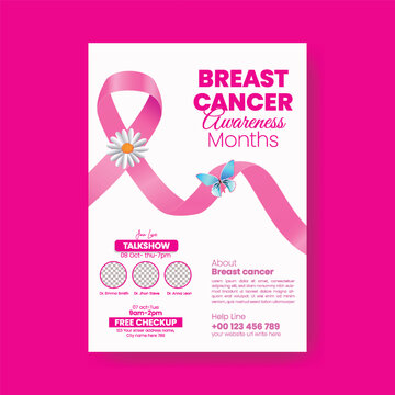 Creative Breast Cancer Awareness Month Flyer Poster Template with Pink Ribbon, Women&rsquo;s Empowerment Feminism Leaflet Brochure Design for Health Charity Events