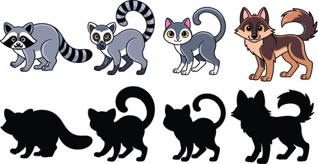 Cute cartoon animals set with shadow matching game elements including raccoon lemur cat and wolf vector illustration in image_8721db.jpg © Mucha