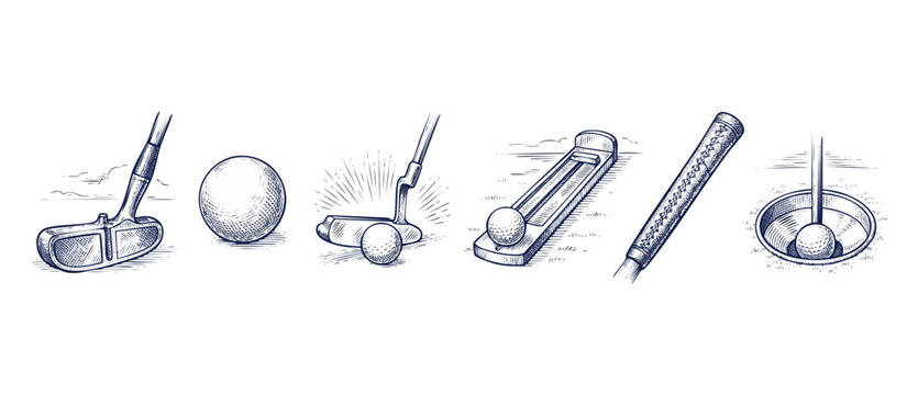 Golf club ball putter grip set of vintage engraving illustrations for golf training, game instructions, and sporting equipment design featuring retro line art sketch icons on white background vector.