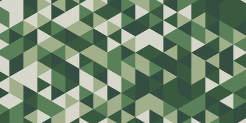 Abstract geometric low poly background with green and beige triangles seamless mosaic pattern inspired by military camouflage texture, modern graphic design vector illustration wallpaper backdrop. © Abu Bokkor Siddique