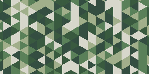 Abstract geometric low poly background with green and beige triangles seamless mosaic pattern inspired by military camouflage texture, modern graphic design vector illustration wallpaper backdrop. © Abu Bokkor Siddique