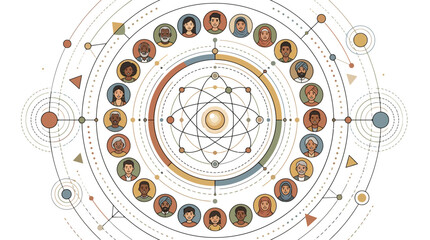 Global community network vector, diverse people avatars in circular connection diagram, scientific atom and sacred geometry infographic © SiyamolHasan
