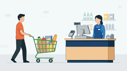 Customer with shopping cart approaching cashier at supermarket checkout counter © Shearpedge Design