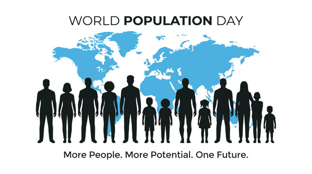 World Population Day vector illustration, global community with diverse people silhouettes, blue world map background for social awareness