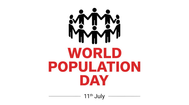 World Population Day vector illustration, 11th July global awareness banner, diverse people holding hands in a circle, red and black typography