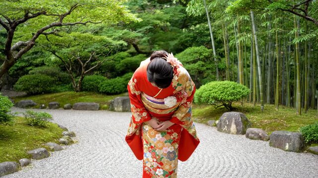 A woman in a kimono stands in a Japanese garden, and a woman in a kimono walks in the courtyard
