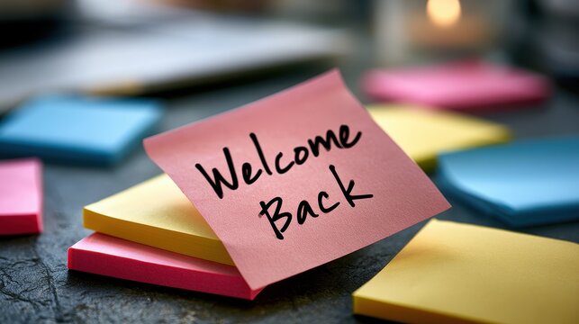 Welcome Back note written on a pink sticky note placed on a stack of office stationary