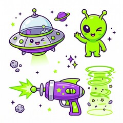 Obraz premium Playful Cute UFO and Friendly Chibi Alien Clipart Sheet
