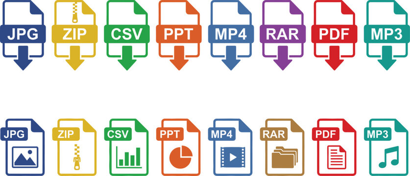 Colorful collection of file format icons including JPG, ZIP, CSV, PPT, MP4, RAR, PDF, MP3 with graphics