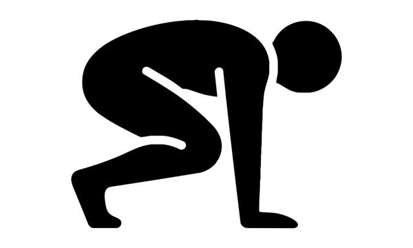 Minimalist black pictogram of an athletic person performing a yoga crow pose on a white background wellness and fitness concept