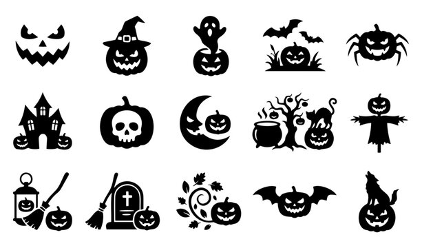 Halloween Silhouette Icon Set Featuring Jack O Lantern  and Evil Pumpkins Ghost Bat Witch Hat And Haunted House