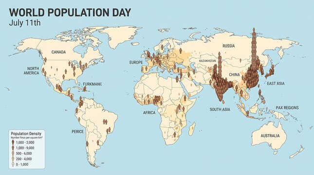 World Population Day infographic map, global population density visualization on July 11th, demographic data chart with 3D human icons