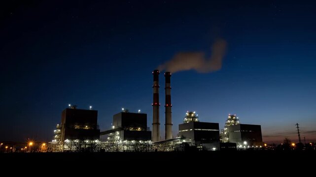 Industrial factory smoking at dusk, factory night view time-lapse photography