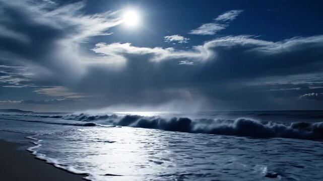 Dramatic ocean waves crash on a sandy shore under a moody, sunlit sky.