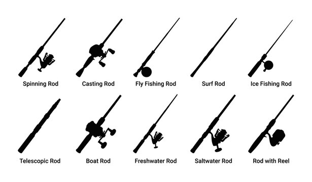 Fishing Rod Types Silhouette Set Featuring Ten Different Professional Angling Poles