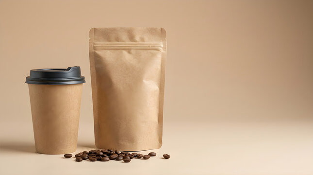 Coffee cup and kraft paper pouch with coffee beans on beige background