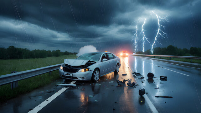 Damaged white car on wet highway with debris and lightning