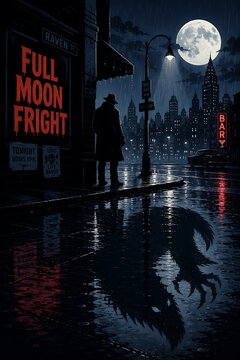 Spooky Halloween werewolf shadow on rainy city street under full moon night with mysterious man
