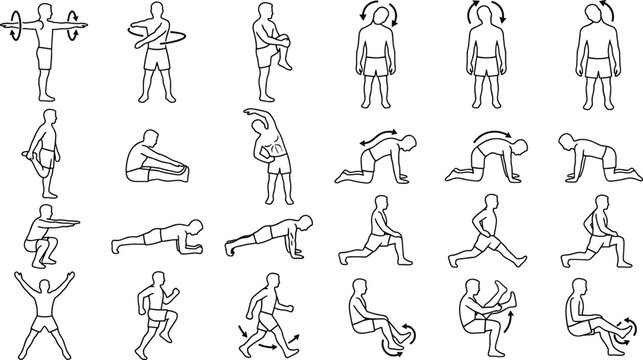 Fitness exercise and stretching poses line set showing various human body movements and