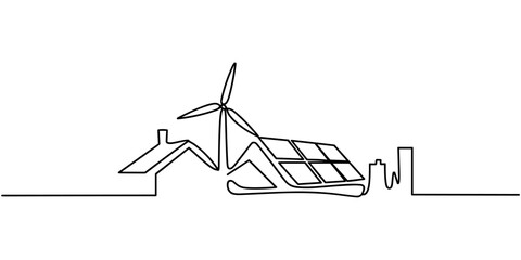 Obraz premium Continuous Line Drawing of Renewable Energy House with Solar Panel and Wind Turbine Illustration