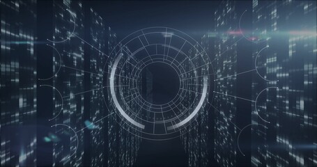 Central circular HUD activating after grid drawing rings, arcs sweeping clockwise showing data flow © vectorfusionart