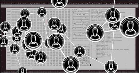Showing central cluster of avatar nodes linking with lines across terminal console hex dump ruler © vectorfusionart