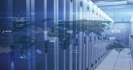Faint global map appearing starting overlay pulsing across racks, showing data as camera pushes © vectorfusionart