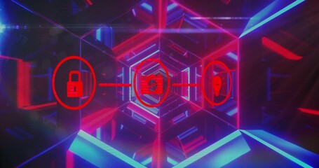 Fototapeta premium Floating red icon trio connecting via thin red line in neon hexagonal tunnel, reflecting panels
