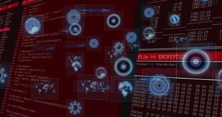 Faint bluish orbs drifting in, translucent HUD elements pulsing, code sliding, encrypting data © vectorfusionart