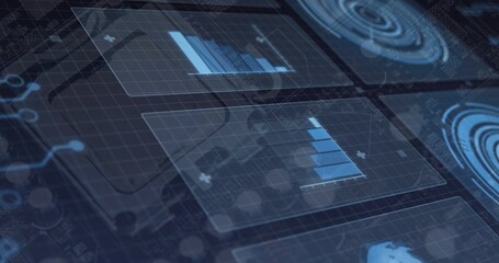 Two translucent holographic panels animating axes then rising blue bar charts to show data trends © vectorfusionart