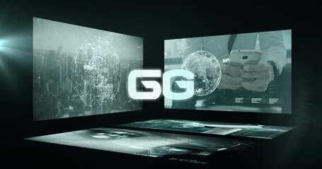 On play central GG logo pulsing, holographic globe rotating, data lines shifting showcasing brand © vectorfusionart