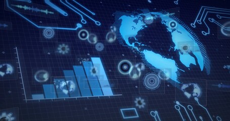 Naklejka premium Stylish rotating blue globe reacting to pulse, guiding HUD assembly left-right into data dashboard