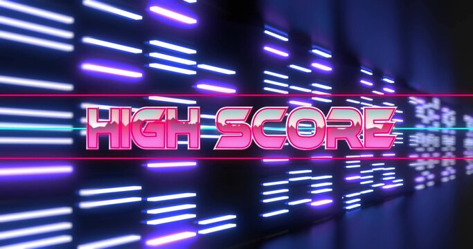 Red outlines starting 3D neon HIGH SCORE moving forward rotating guide lines sliding to frame title