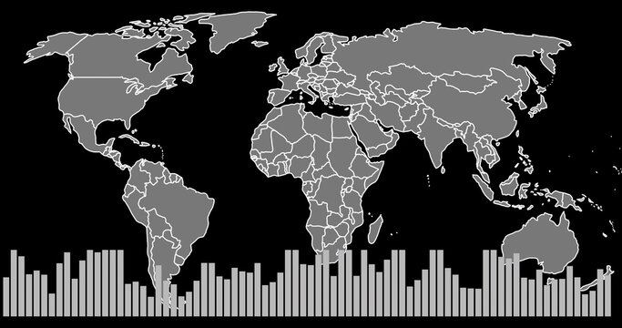 Displaying grayscale world map with white country outlines on solid black canvas, histogram below