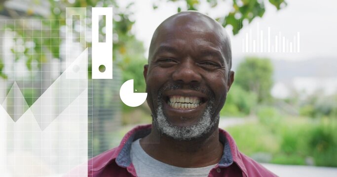 Man smiling on porch, phone icon appearing causing animated cloud charts forming business gears