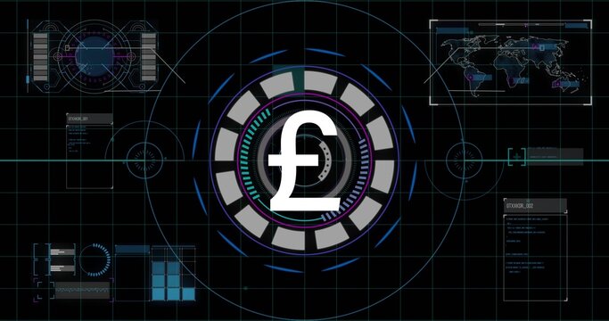 White pound symbol rotating, HUD initializing, rings cycling and teal arcs pulsing for market scan