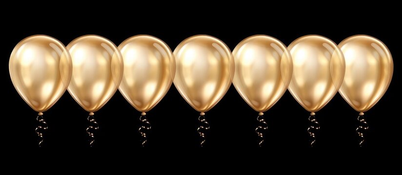 Eight gold balloons float in the air against a black background